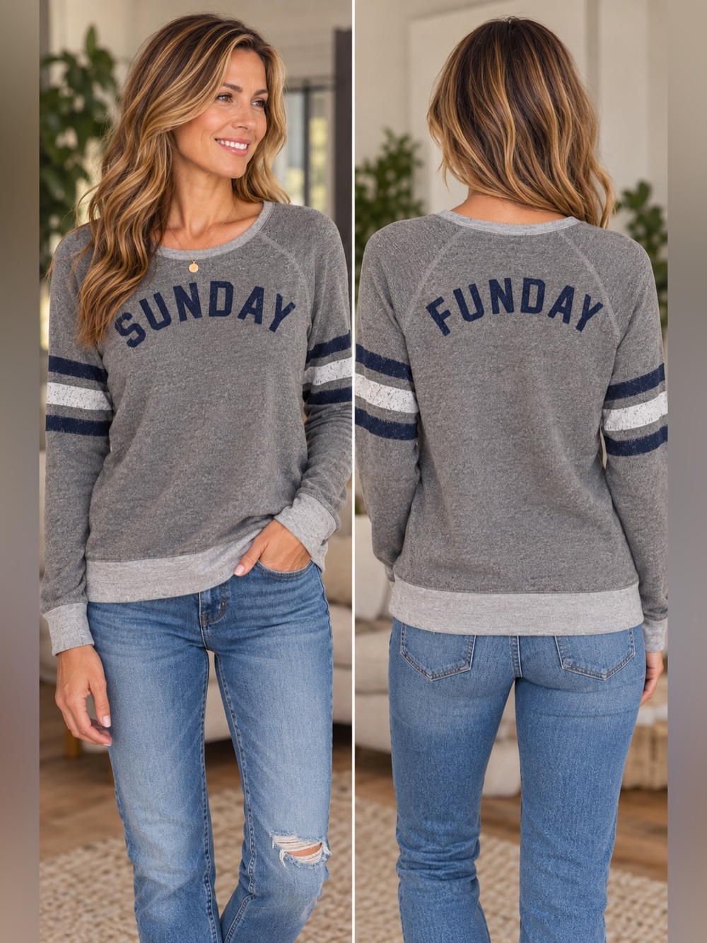 Sundry Sunday Funday Varsity Style Sweatshirt Size L gray Heathered Super Cute